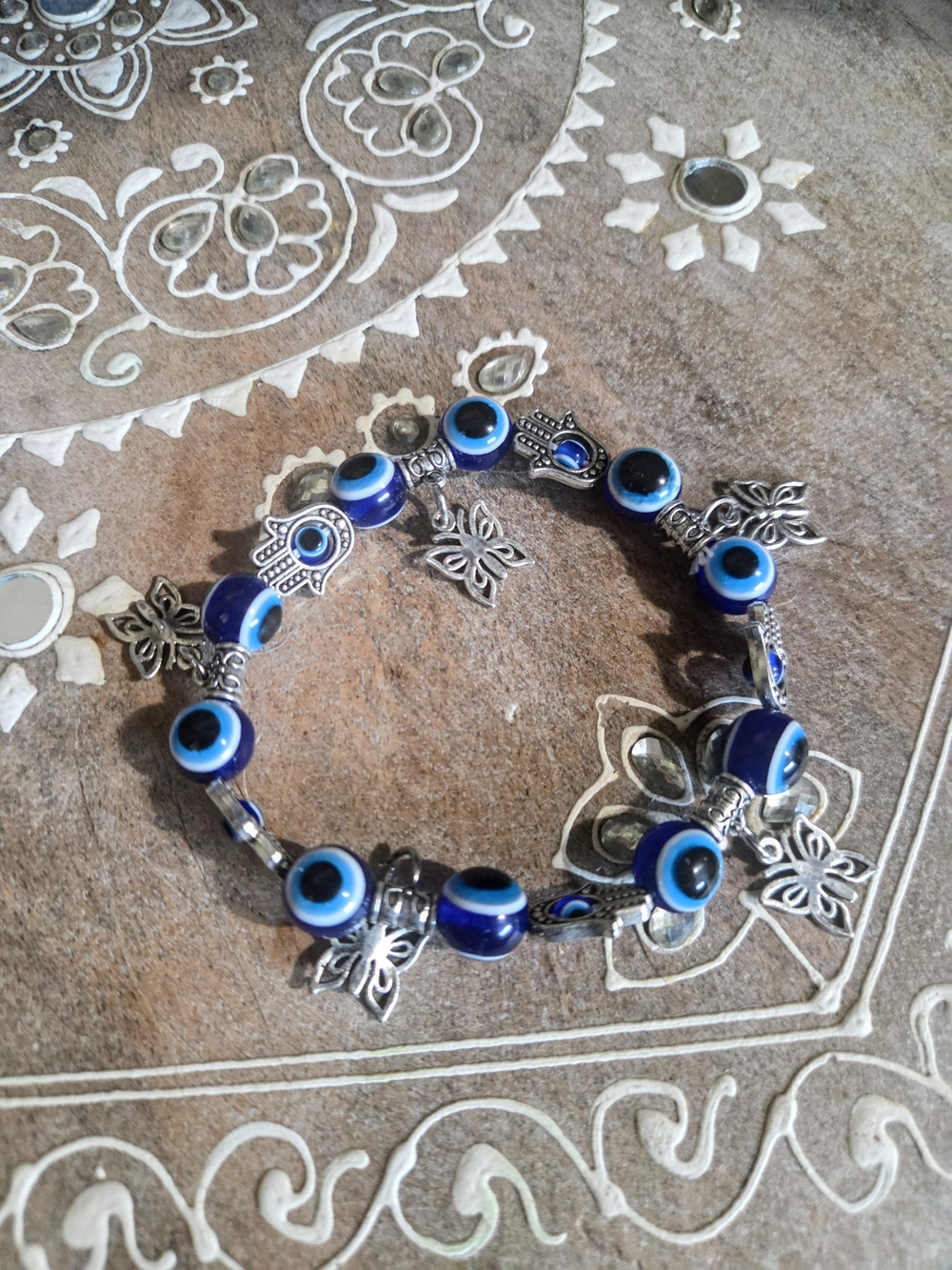 Blue Evil Eye Charm Bracelet with Silver Butterflies Made In Mexico